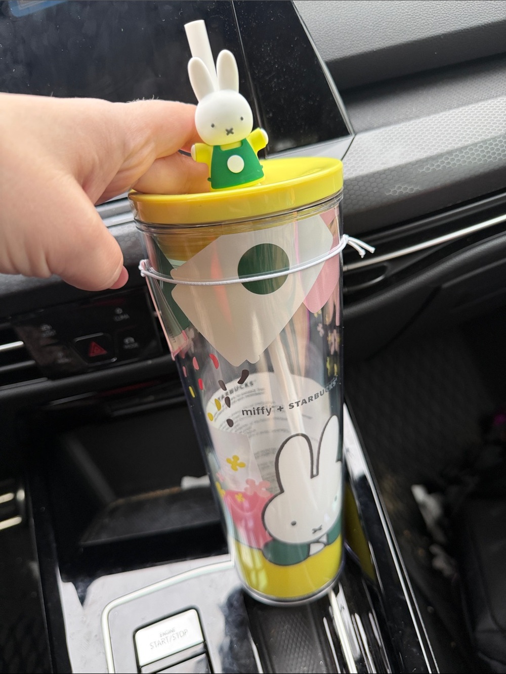 Starbucks Miffy Yellow Lid Clear Tumbler with Green Bunny Topper